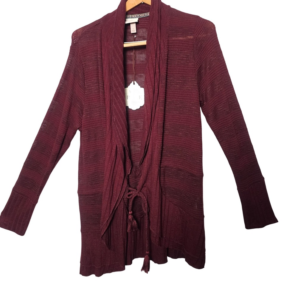 Knox Rose Womens L Bordeaux Open Front Cardigan Tassel Tie Boho NWT Burgundy